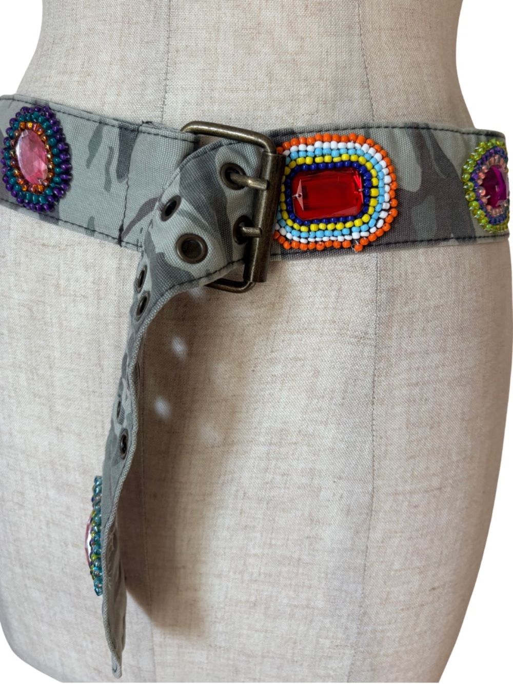 VTG Y2K Camo Beaded Gems Studded Adjustable Buckle Belt Women’s One Size Boho